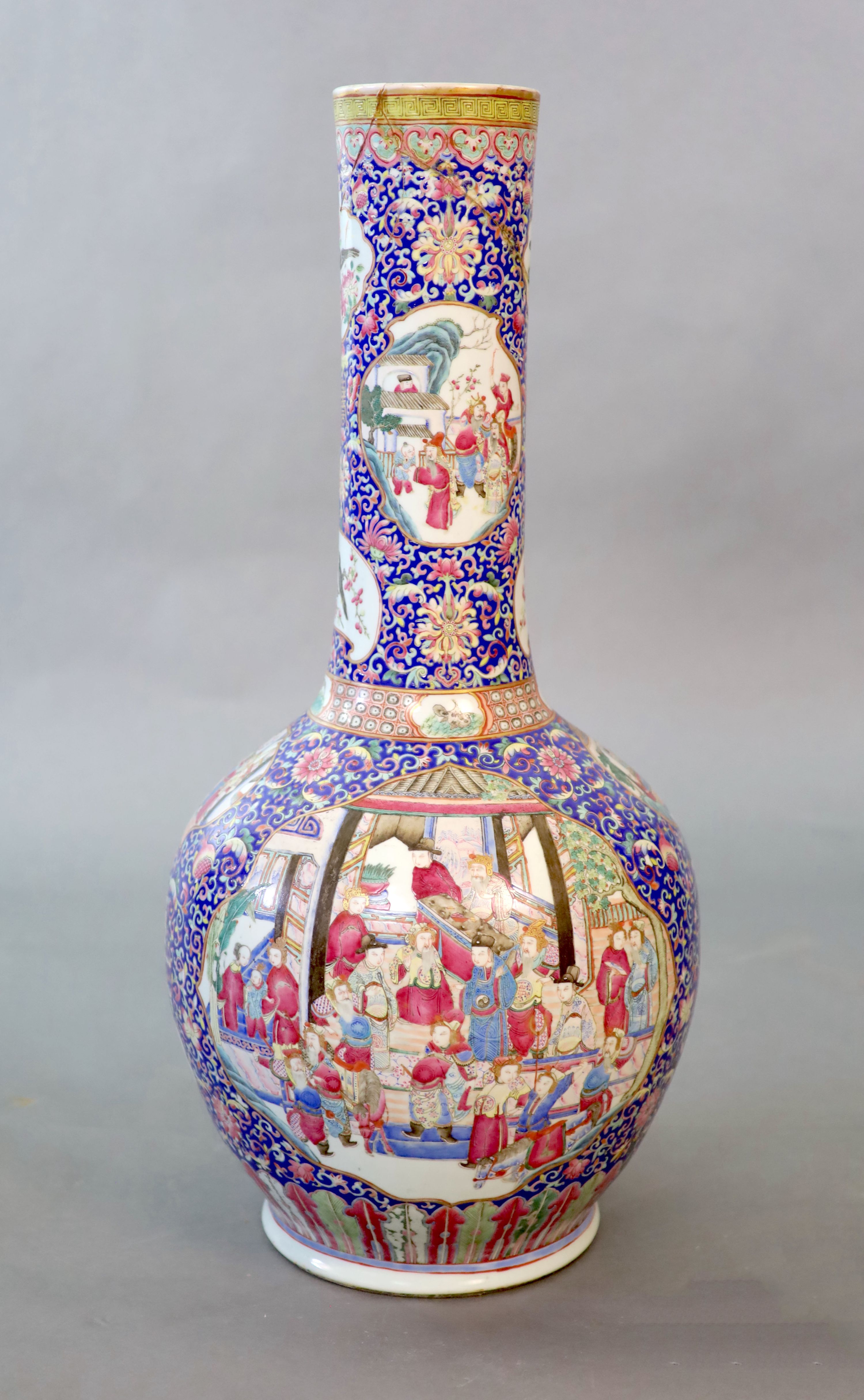 A massive Chinese blue ground bottle vase, Daoguang period (1821-50), 88cm high, neck broken and re-glued
